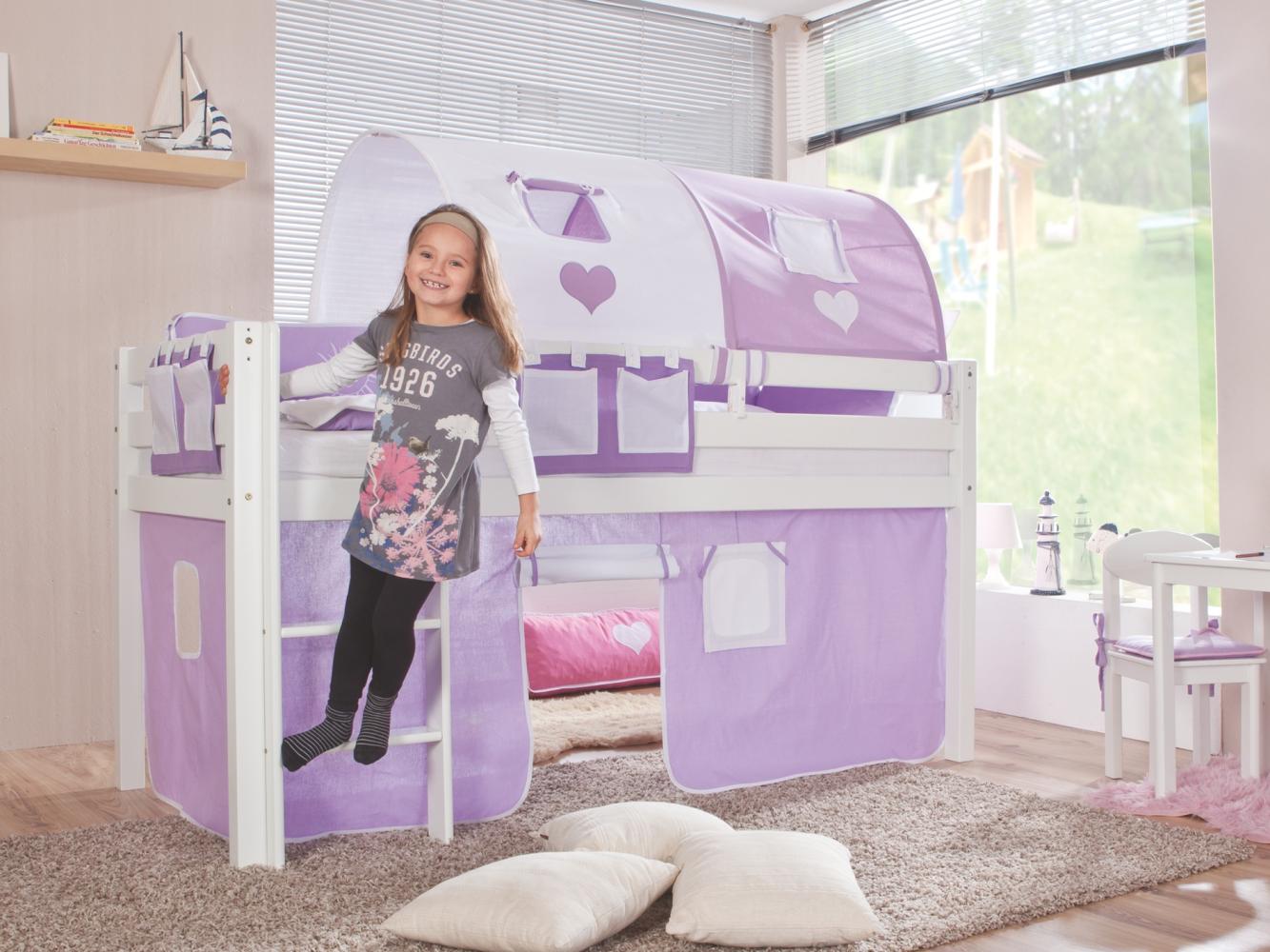 Relita Halbhohes Spielbett ALEX Buche massiv weiß lackiert mit Stoffset purple/weiß/herz Bild 1