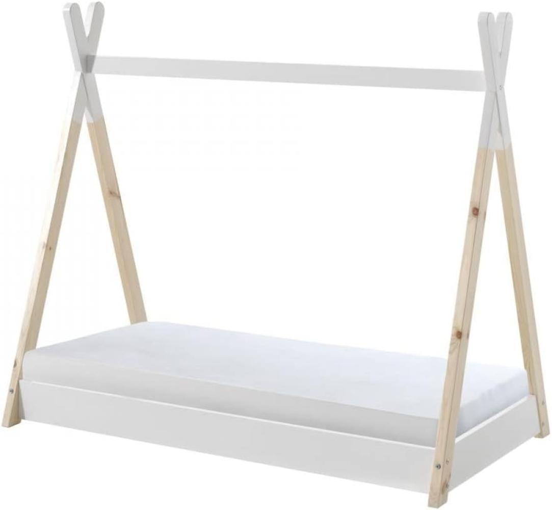 Tipi Zelt Bett inkl. Matratze und Rolllattenrost, mit Liegefläche 70 x 140 cm, Ausf. Kiefer massiv weiß/natur Bild 1