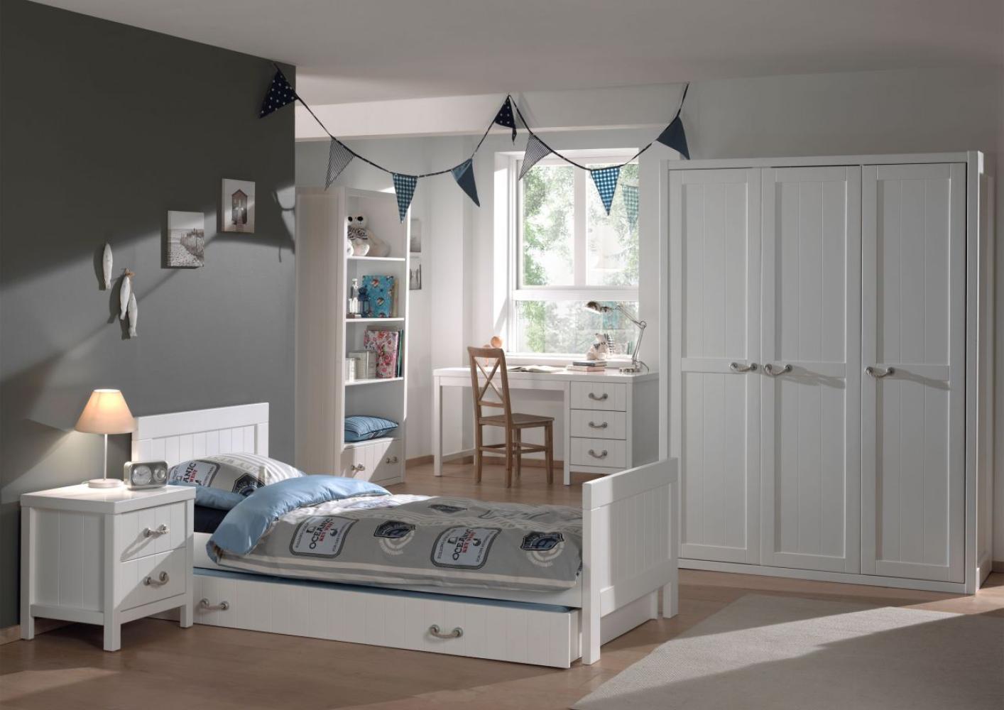 Vipack 'Lewis' 5-tlg. Kinderzimmer-Set 90x200cm, weiß, mit Bett, 3-trg. Kleiderschrank, Regal, Nachtkonsole und Schreibtisch Bild 1