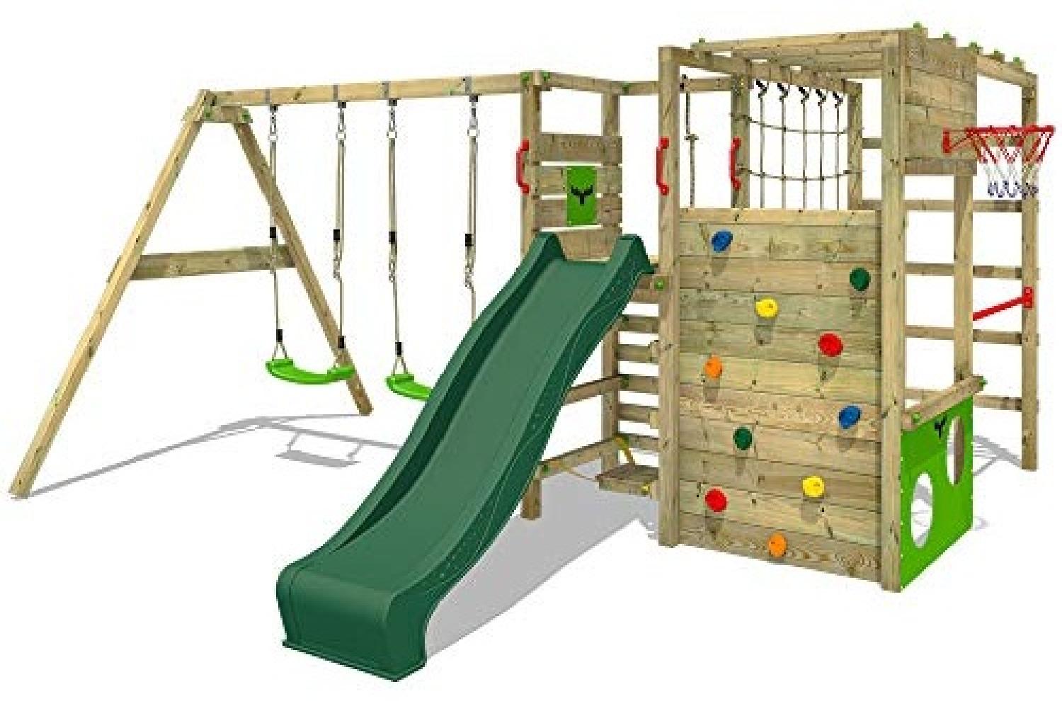 FATMOOSE Klettergerüst Spielturm ActionArena mit Schaukel & grüner Rutsche, Gartenspielgerät mit Leiter & Spiel-Zubehör Bild 1