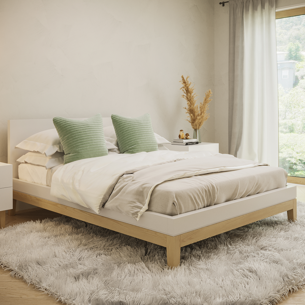 skølm 'Freyr' Bett mit Bettkopf ohne Lattenrost, Birke Massivholz, weiß/natur, 140 x 200 cm Bild 1