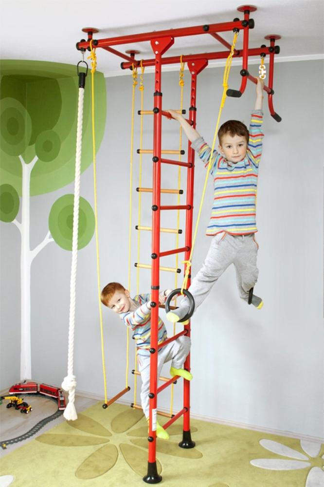 NiroSport Sprossenwand für Kinderzimmer M1 aufbau ohne bohrungen Made in Germany Holzsprossen Rot Raumhöhe 240 - 290 cm Bild 1