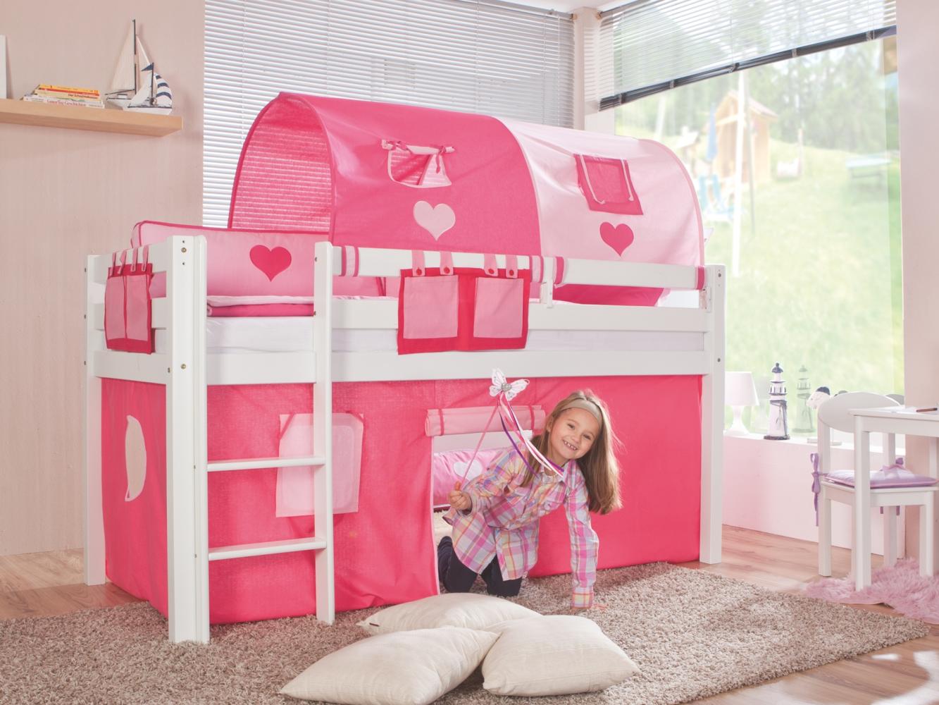 Relita Halbhohes Spielbett ALEX Buche massiv weiß lackiert mit Stoffset pink/rosa/herz Bild 1