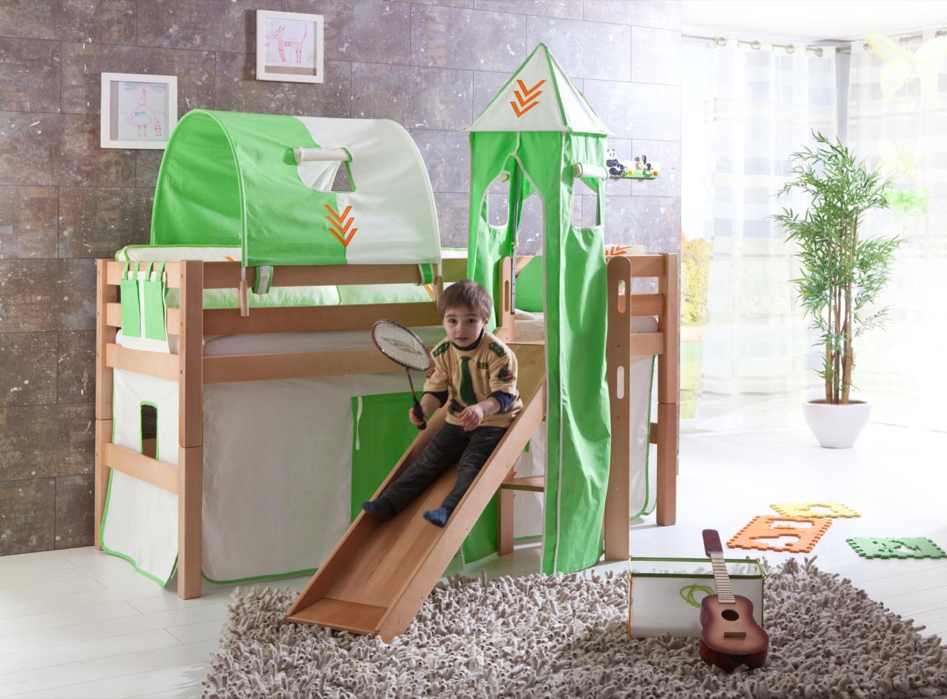 Spielbett Eliyas mit Rutsche und Textilset Vorhang, 1-er Tunnel, Turm und Tasche Bild 1