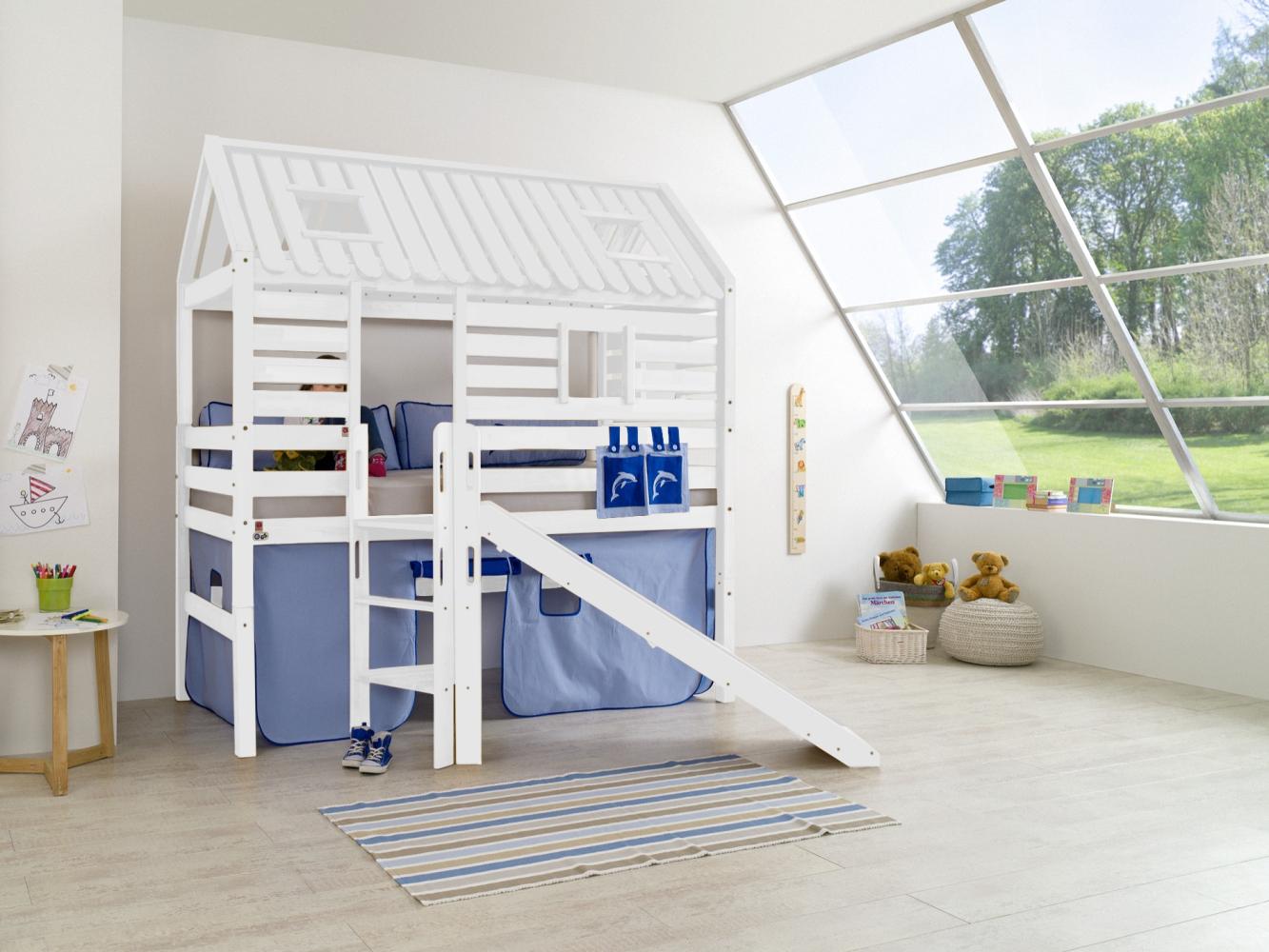 Relita 'Tom´s Hütte' Spielbett und Bett Eliyas mit Rutsche, Buche massiv weiß lackiert, inkl.Textilset blau-delfin Bild 1