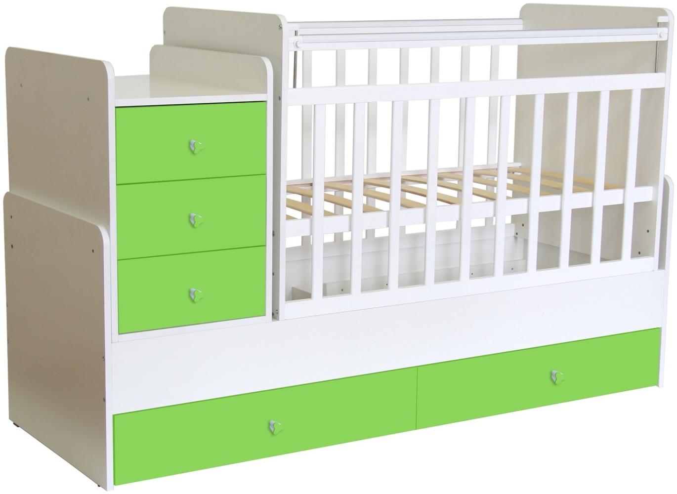 Polini Kids 'Simple 1100' Kombi-Kinderbett 60 x 120/170 cm, weiß/grün, höhenverstellbar, mit Schaukelfunktion, inkl. Kommode Bild 1