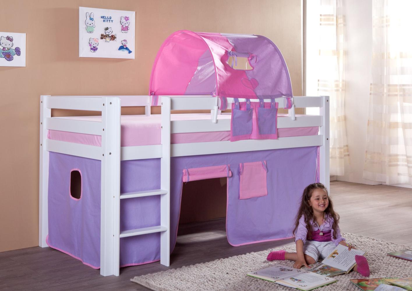 Relita Halbhohes Spielbett ALEX Buche massiv weiß lackiert mit Stoffset purple/rosa/herz Bild 1