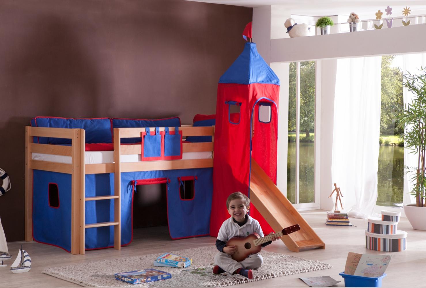 Halbhohes Spielbett ALEX mit Rutsche/Turm Buche massiv natur lackiert mit Stoffset blau/rot Bild 1