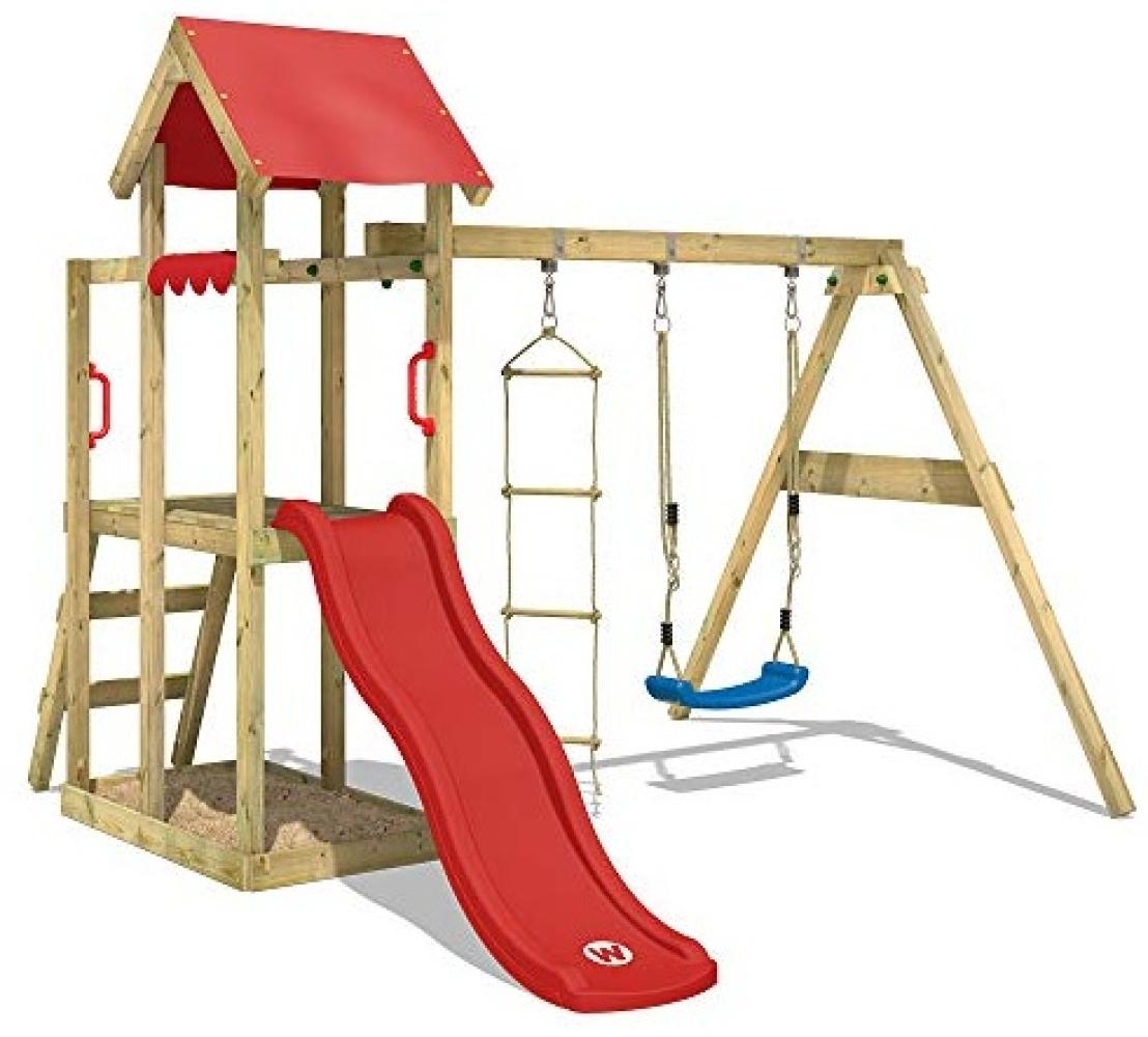 WICKEY Spielturm Klettergerüst TinyPlace mit Schaukel & roter Rutsche, Kletterturm mit Sandkasten, Leiter & Spiel-Zubehör Bild 1