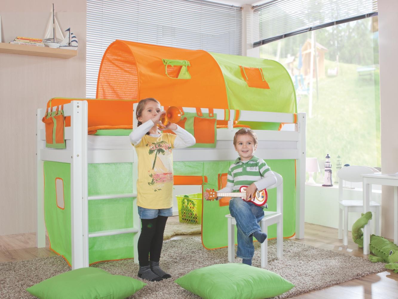 Relita Halbhohes Spielbett ALEX Buche massiv weiß lackiert mit Stoffset grün/orange Bild 1