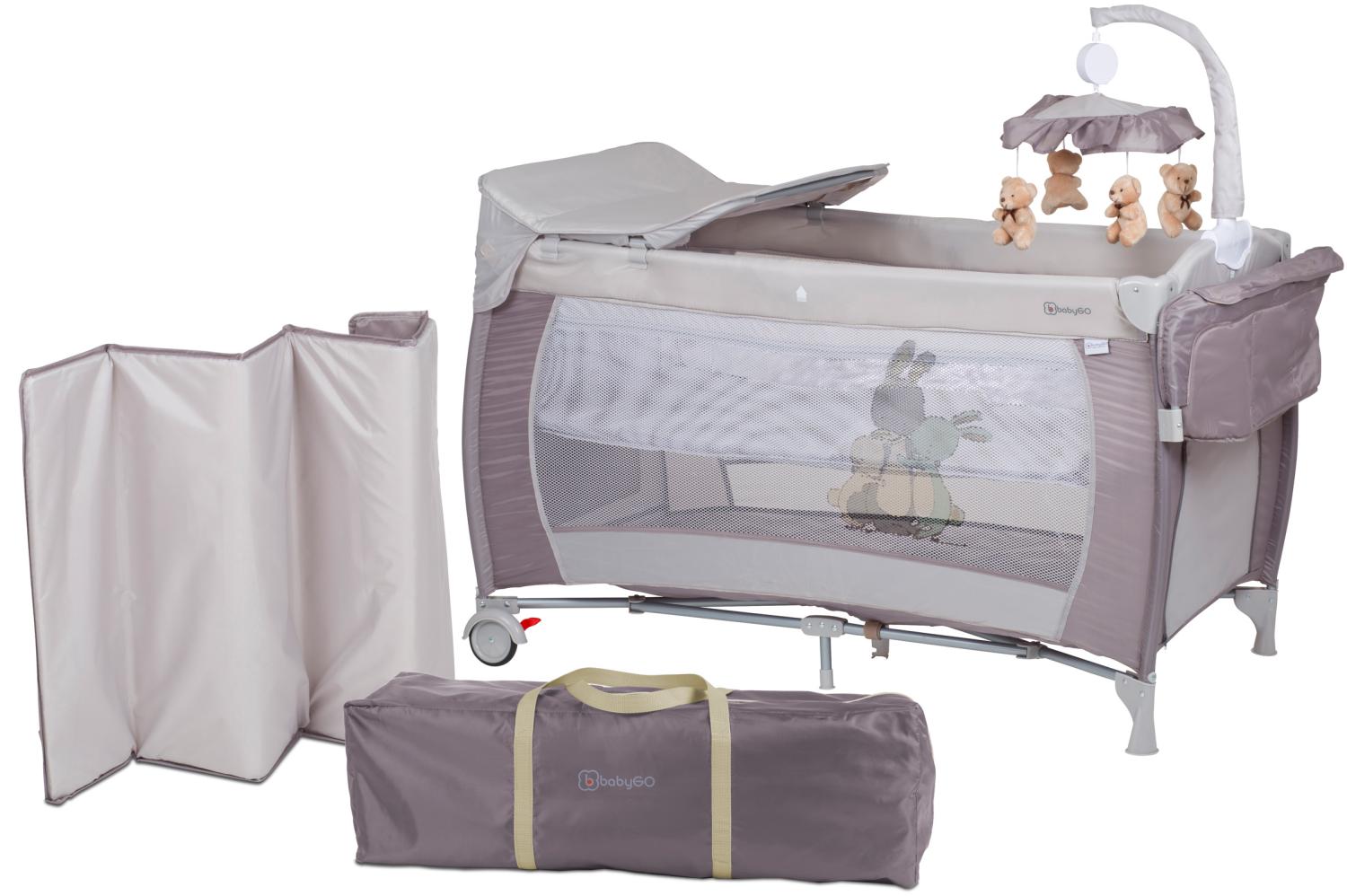 BabyGO 'Sleeper deluxe' Reisebett 60x120 cm, beige, mit Matratze, Wickelauflage, Mobile und Schlupf Bild 1