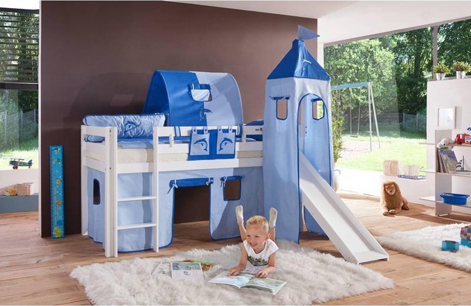 Relita Halbhohes Spielbett ALEX-13 mit Rutsche/Turm/Tunnel Buche massiv weiß lackiert mit Stoffset blau/delfin Bild 1