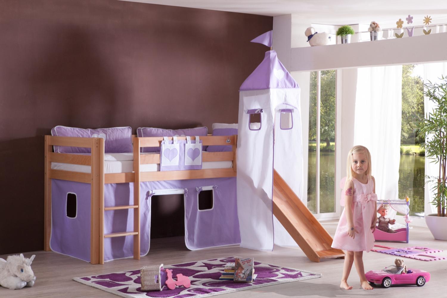Halbhohes Spielbett ALEX mit Rutsche/Turm Buche massiv natur lackiert mit Stoffset purple/weiß Bild 1