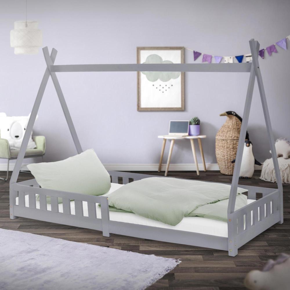 Kinderbett mit Rausfallschutz und Lattenrost 90x200 cm Hellgrau aus Kiefernholz ML-Design Bild 1