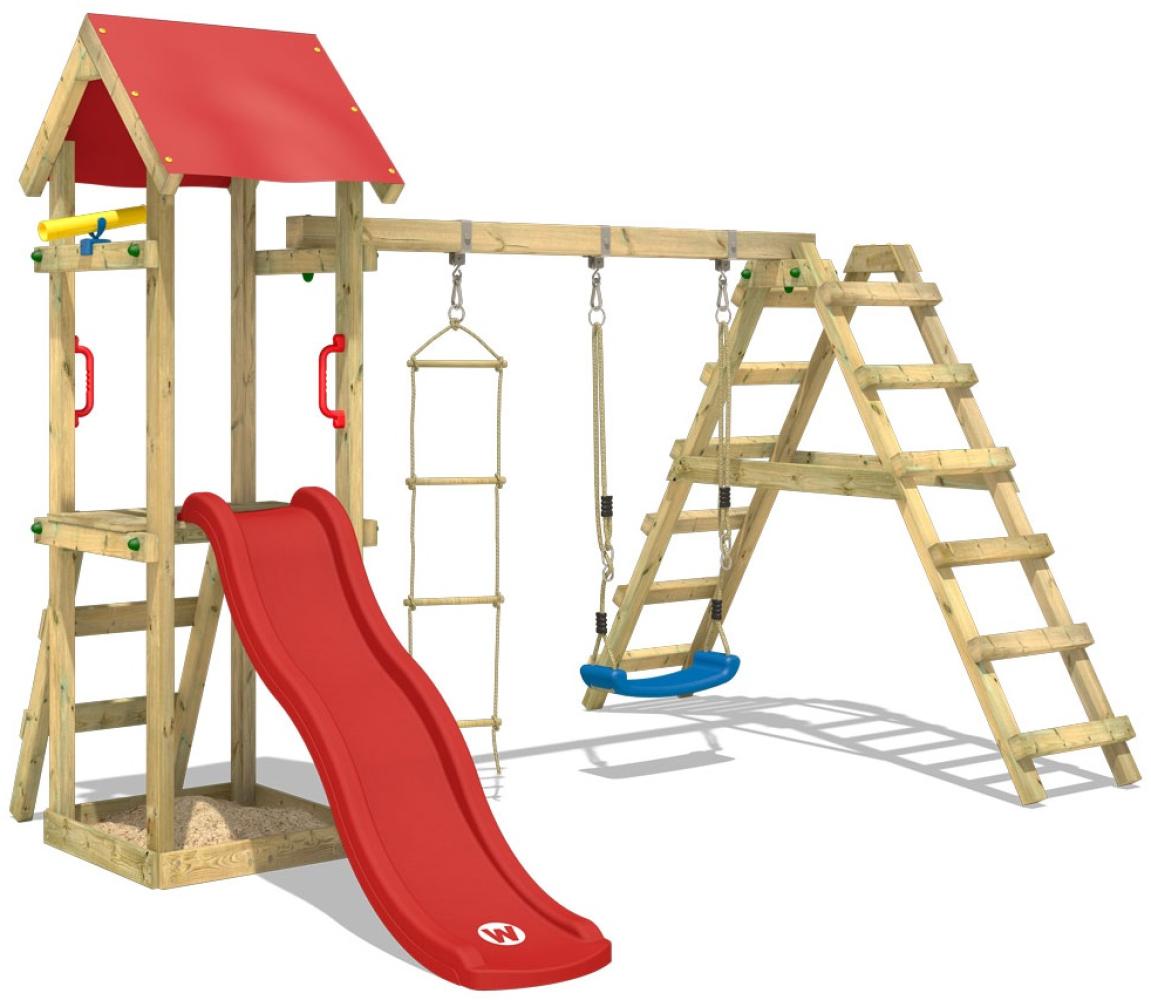 WICKEY Spielturm Klettergerüst TinyLoft mit Schaukel & roter Rutsche, Kletterturm mit Sandkasten, Leiter & Spiel-Zubehör Bild 1