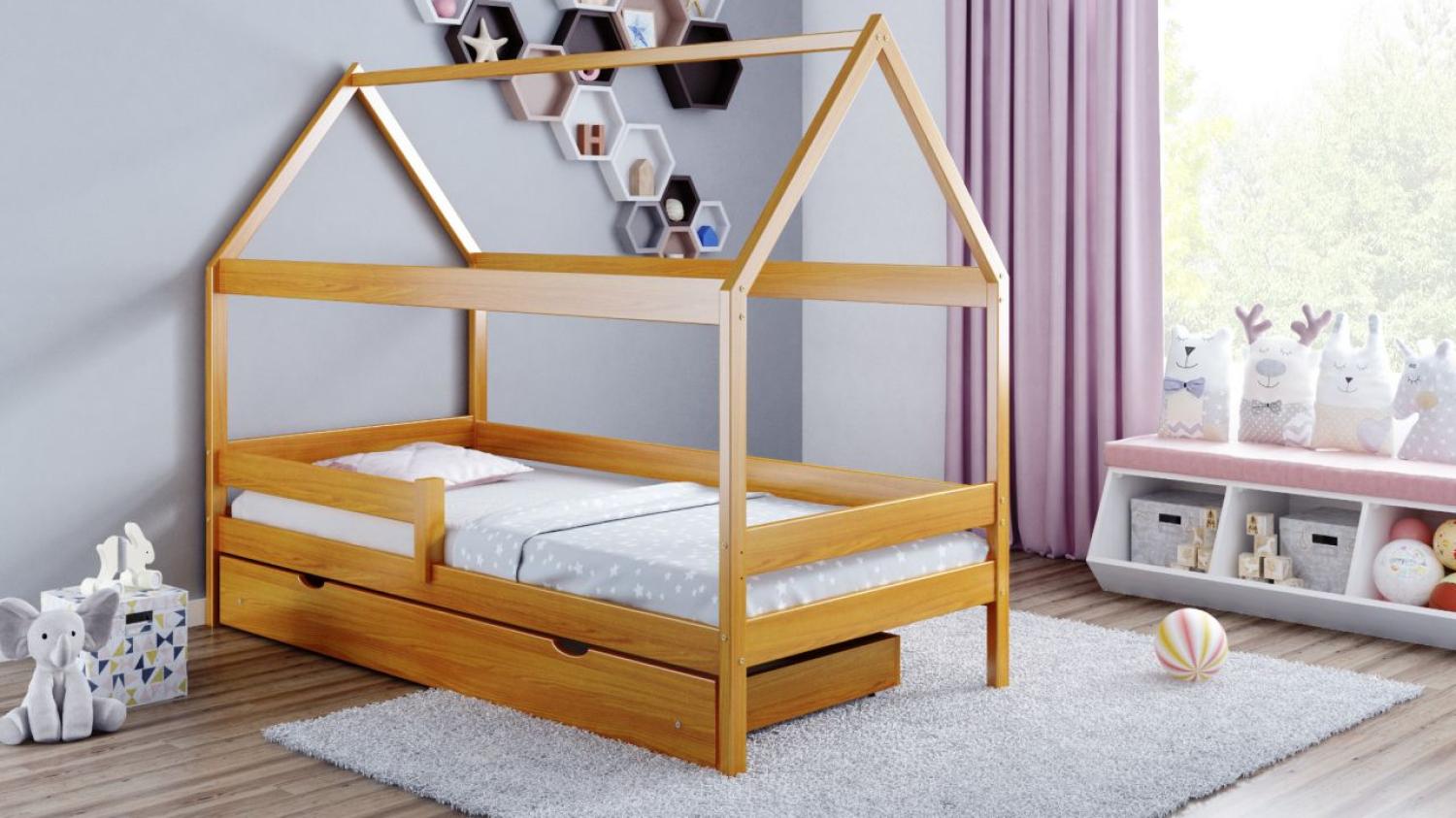 Kinderbettenwelt 'Home Plus' Hausbett 80x160 cm, braun, Kiefer massiv, mit Schublade und Matratze Bild 1
