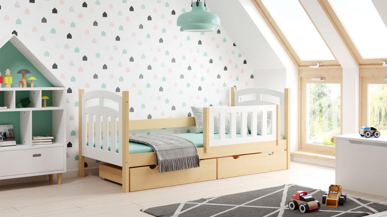 Kinderbettenwelt 'Susi' Kinderbett 80x160 cm, weiß/natur, Kiefer massiv, inkl. Lattenrost und zwei Schubladen Bild 1
