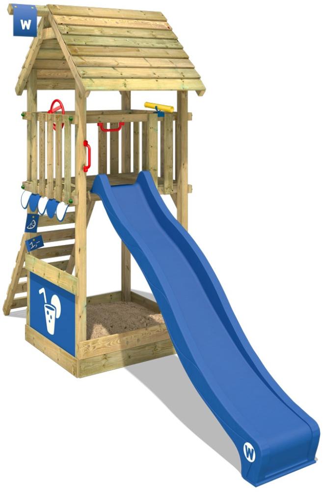 WICKEY Spielturm Klettergerüst Smart Club Holzdach mit blauer Rutsche, Kletterturm mit Sandkasten, Leiter & Spiel-Zubehör Bild 1