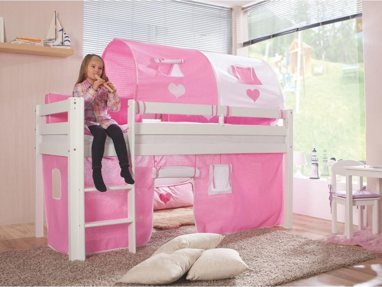 Relita Halbhohes Spielbett ALEX Buche massiv weiß lackiert mit Stoffset rosa/weiß/herz Bild 1