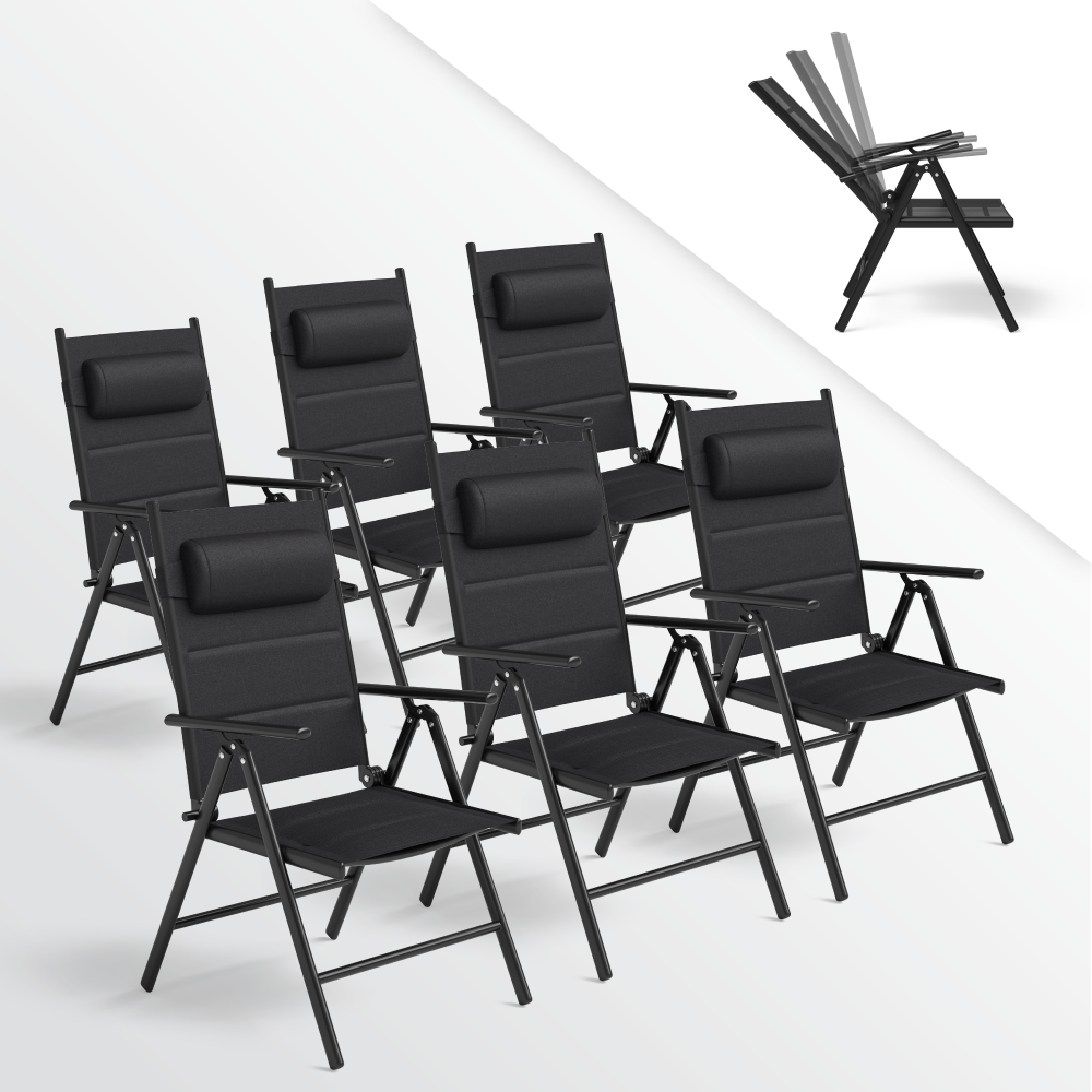 STEELSØN 'Lirael' Komfort-Gartenstühle mit Aluminium-Gestell, 6er-Set, klappbar, Rückenlehne 7-stufig verstellbar, schwarz, mit Kissen Bild 1