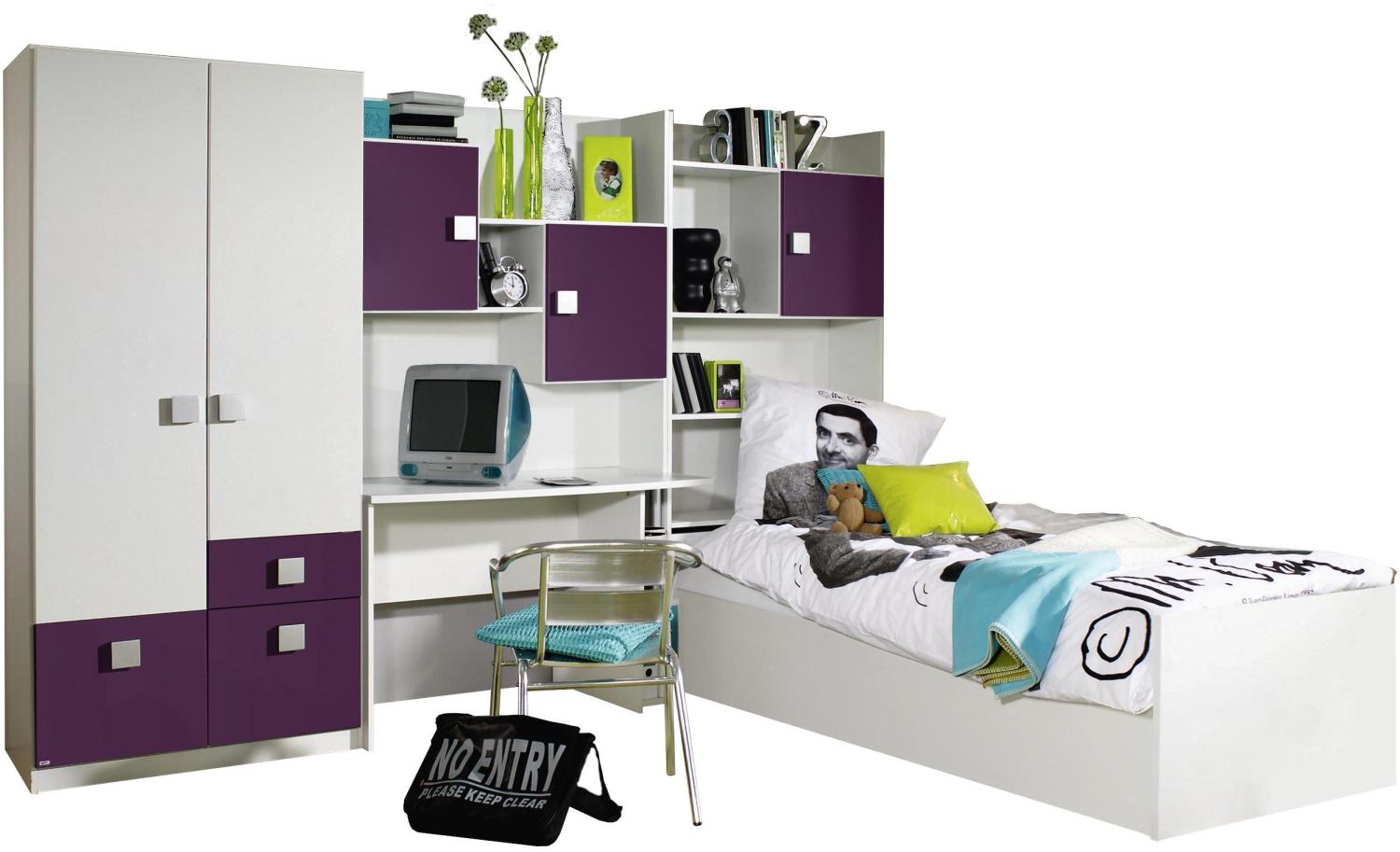 Jugendzimmer Pascal 4-tlg Kleiderschrank + Schreibtischregal + Regal inkl. Bett + Bettkasten weiß Bild 1