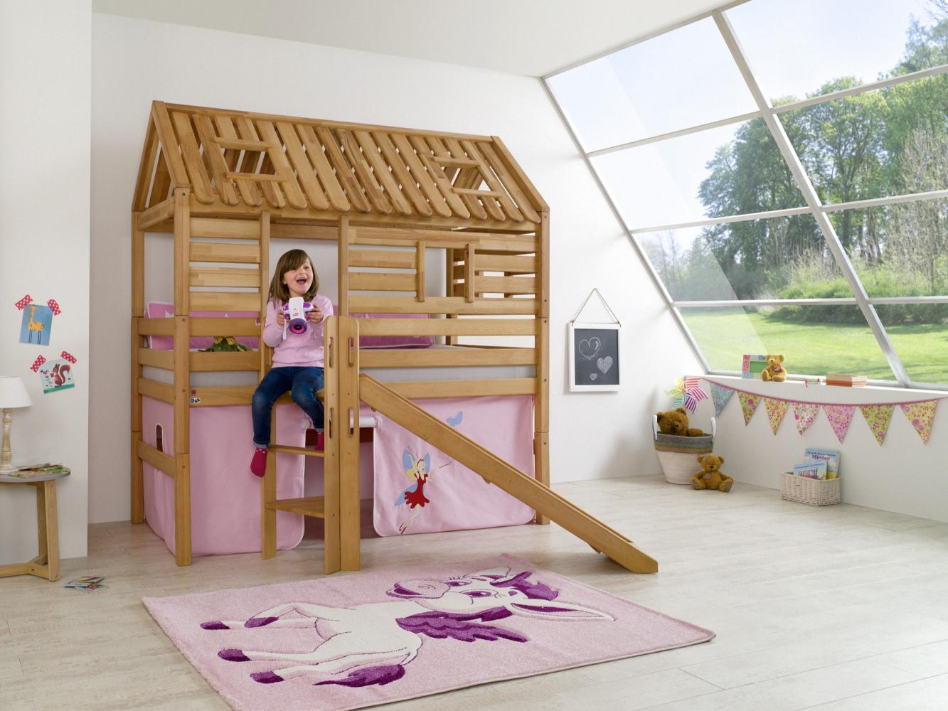 Relita 'Tom´s Hütte' Spielbett mit Rutsche, Buche massiv geölt, inkl. Textilset 'Princess' Bild 1