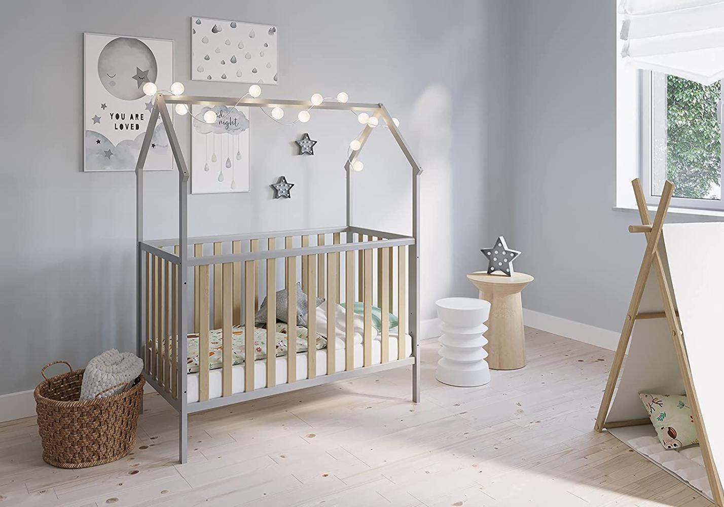 FabiMax 'Schlafmütze' Kinderbett, 60 x 120 cm, grau/natur, mit Matratze Comfort, Kiefer massiv, 3-fach höhenverstellbar, umbaubar Bild 1