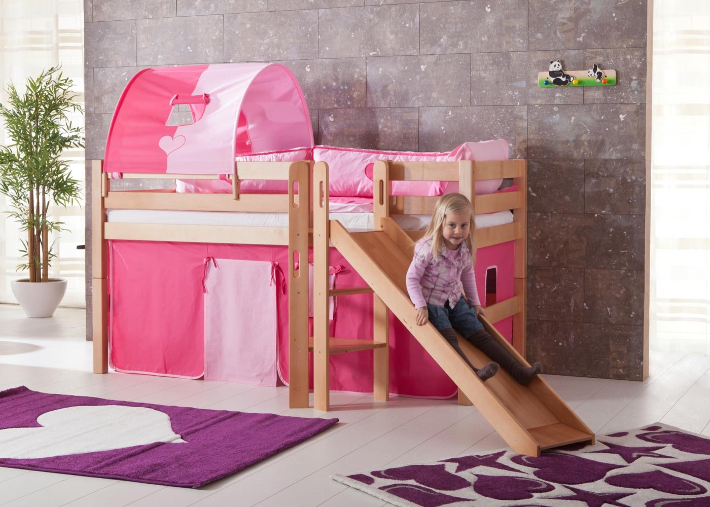 Relita 'Eliyas' Spielbett mit Rutsche und Textilset Vorhang, 1-er Tunnel und Tasche pink/herz Bild 1