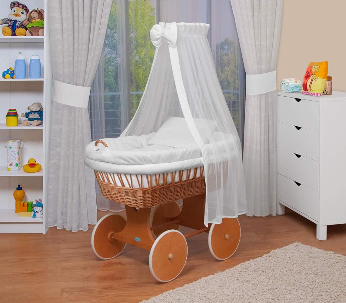 WALDIN Baby Stubenwagen-Set mit Ausstattung, Gestell/Räder natur lackiert, Ausstattung weiß Bild 1