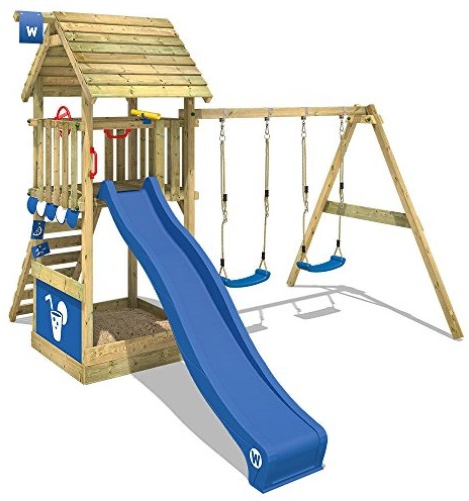 WICKEY Spielturm Klettergerüst Smart Shelter Holzdach mit Schaukel & blauer Rutsche, Kletterturm mit Holzdach, Sandkasten, Leiter & Spiel-Zubehör Bild 1