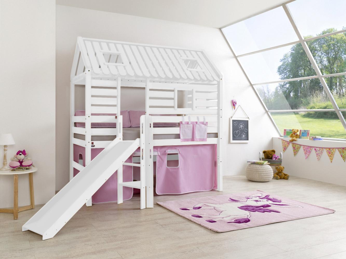 Relita 'Tom´s Hütte' Spielbett und Bett Eliyas mit Rutsche, Buche massiv weiß lackiert, inkl.Textilset rosa-weiß Bild 1