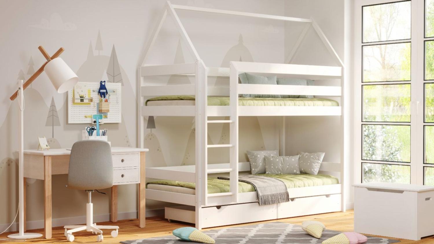 Kinderbettenwelt 'Home' Etagenbett 90x190 cm, weiß, Kiefer massiv, mit Lattenrosten und zwei Schubladen Bild 1