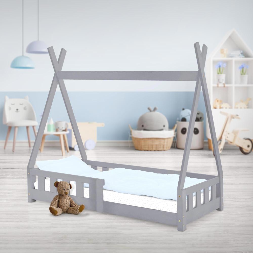 Kinderbett mit Rausfallschutz und Lattenrost 70x140 cm Hellgrau aus Kiefernholz ML-Design Bild 1
