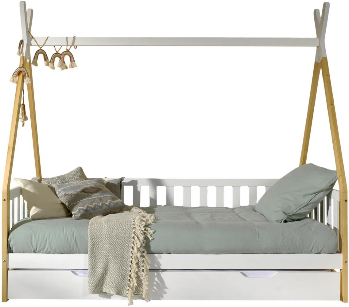 Tipi Kojen Bett mit Umrandung, Dachgestänge, Rolllattenrost und Bettschublade (Weiß), Liegefläche 90 x 200 cm, Ausf. Kiefer massive natur und weiß lackiert Bild 1