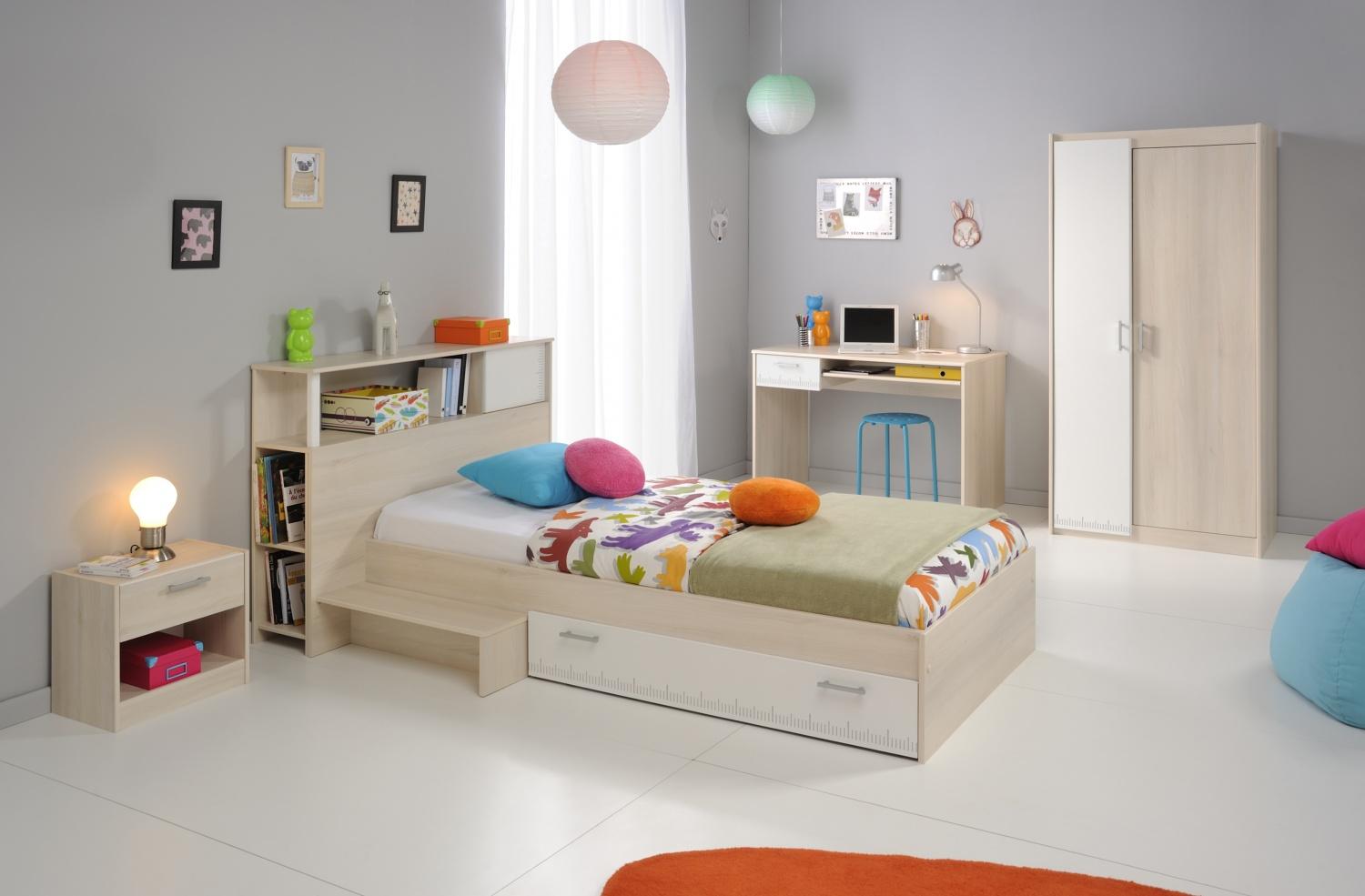 PARISOT 'Tesso' 5-tlg. Kinderzimmer-Set, akazie/weiß, aus Bett 90x200 cm inkl. Bettschublade, Nachttisch, Kleiderschrank, Schreibtisch und Anstellregal Bild 1