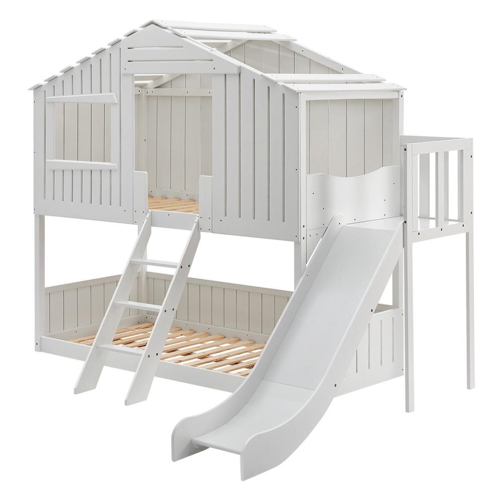 Juskys Kinderbett Baumhaus mit Dach, Rutsche & Leiter, 2x Lattenrost bis 150 kg, Kiefer massiv, weiß, 90 x 200 cm Bild 1