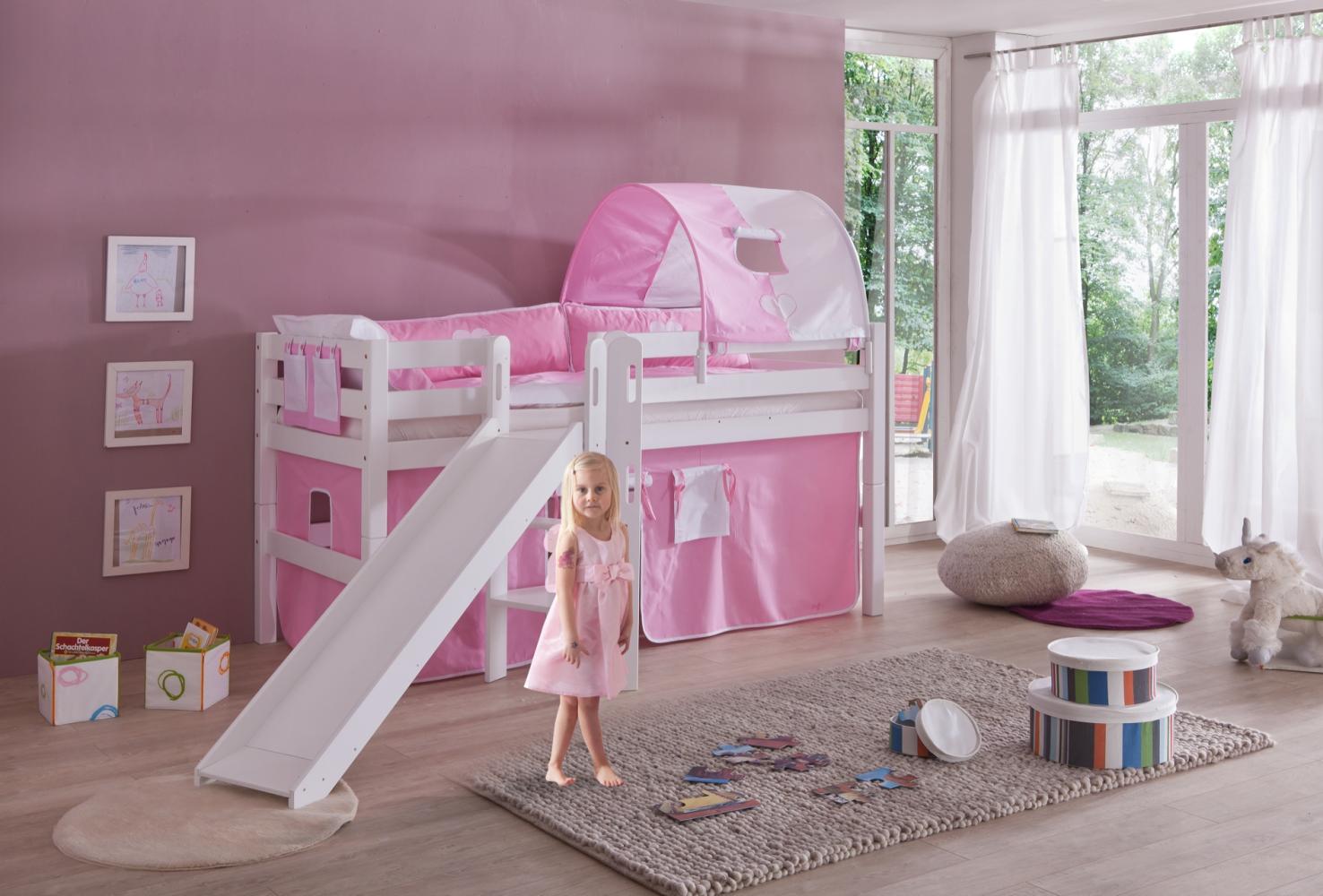 Relita 'Eliyas' Spielbett mit Rutsche und Textilset Vorhang, 1-er Tunnel und Tasche rosa/weiß Bild 1