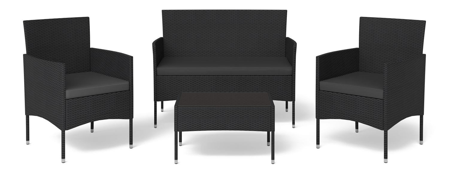 STEELSØN 'Thalora' Gartenlounge-Set, 4-tlg. Sitzgruppe mit Sofa, 2 Stühlen und Tisch, inkl. Kissen, schwarz/anthrazit, aus Polyratten Bild 1
