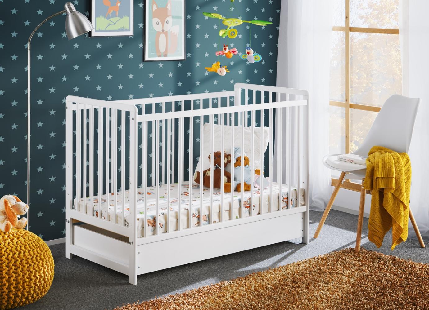 Kinderbett Cypi aus Holz mit Matratze und Schublade Weiß 124 x 89 x 65 cm Bild 1