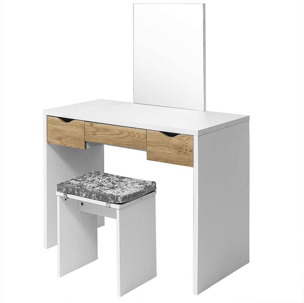 Woltu Schminktisch-Set weiß/eiche mit 3 Schubladen und Hocker mit Sitzkissen Bild 1