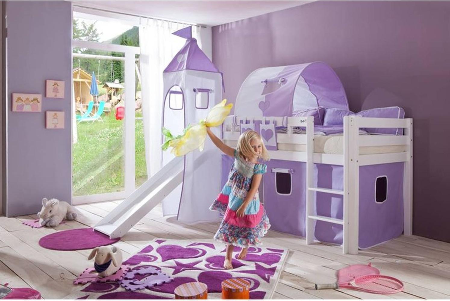 Relita Halbhohes Spielbett ALEX-13 mit Rutsche/Turm/Tunnel Buche massiv weiß lackiert mit Stoffset purple/weiß Bild 1