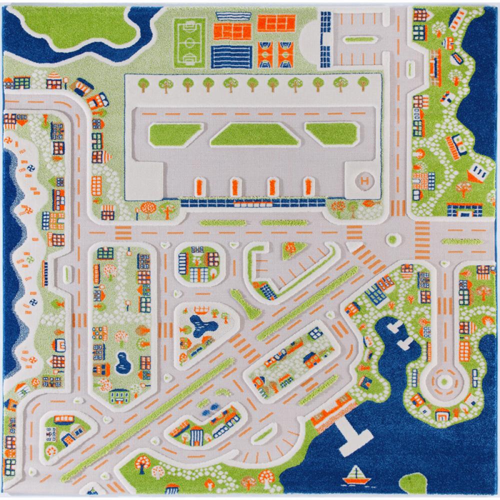 3D Spielteppich und Kinderteppich Stadt \"Mini City\" mit Hafen, Flughafen und Strand, 200 x 200 cm Bild 1