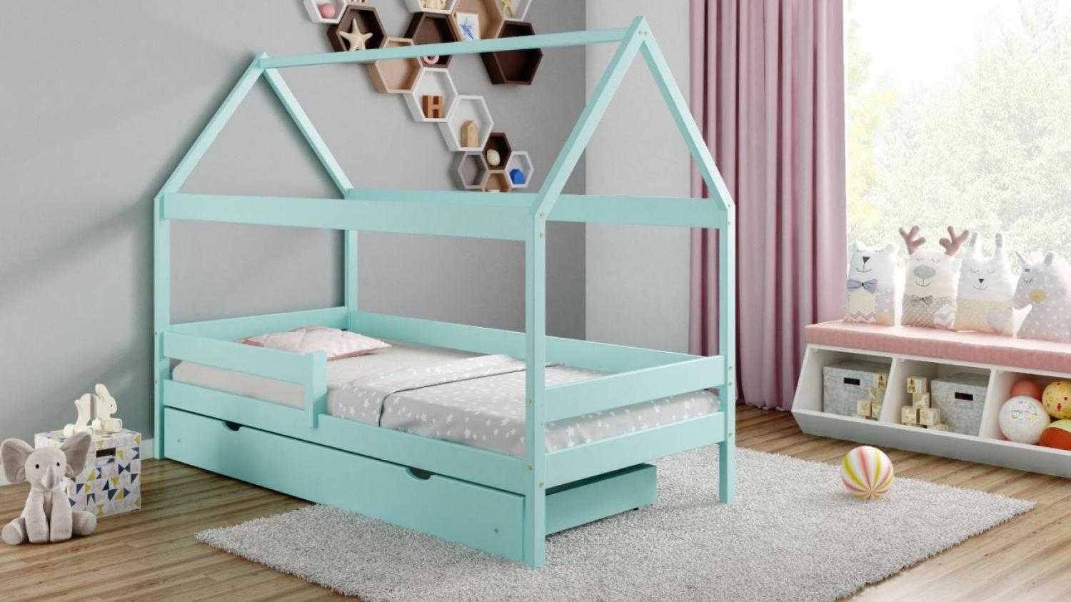 Kinderbettenwelt 'Home Plus' Hausbett 80x160 cm, türkis, Kiefer massiv, mit Schublade und Matratze Bild 1