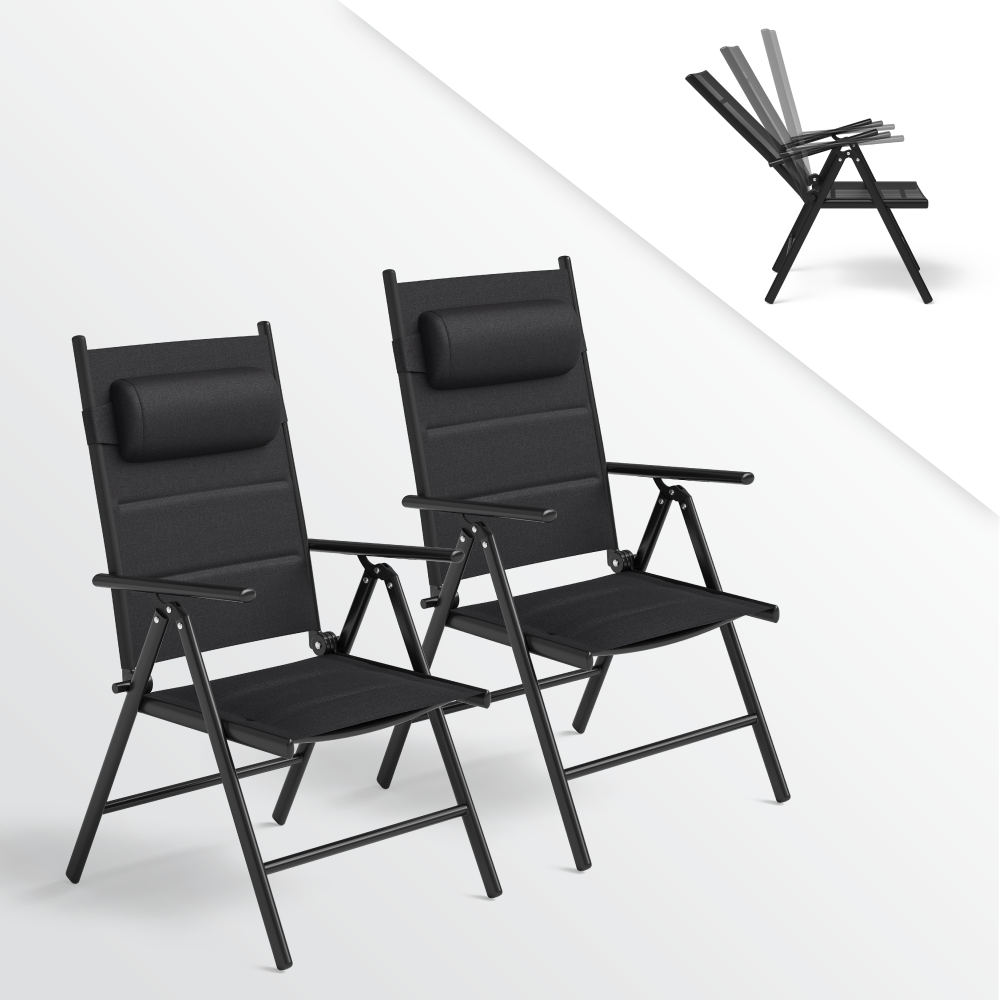 STEELSØN 'Lirael' Komfort-Gartenstühle mit Aluminium-Gestell, 2er-Set, klappbar, Rückenlehne 7-stufig verstellbar, schwarz, mit Kissen Bild 1