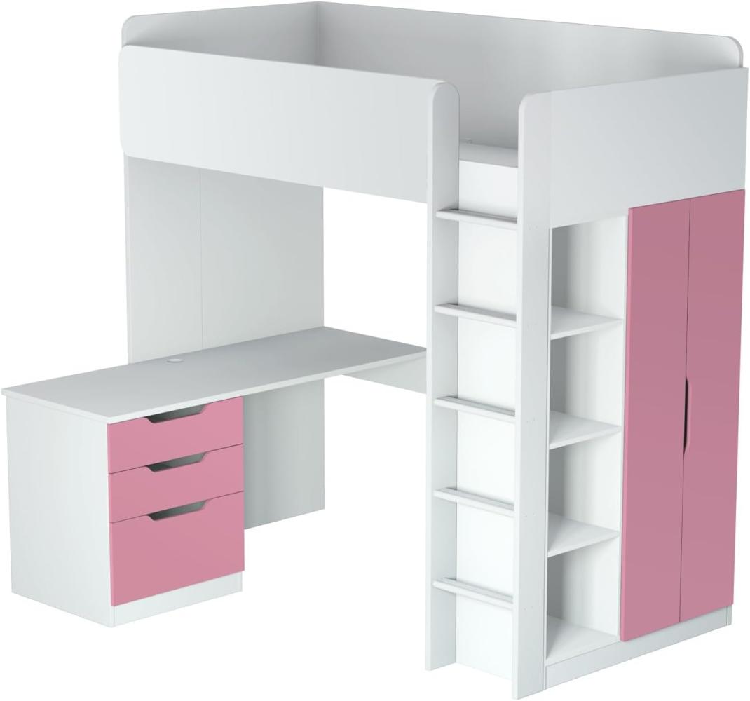 Polini Kids Funktions-Hochbett weiß/rosa, inkl. Kleiderschrank und Schreibtisch Bild 1
