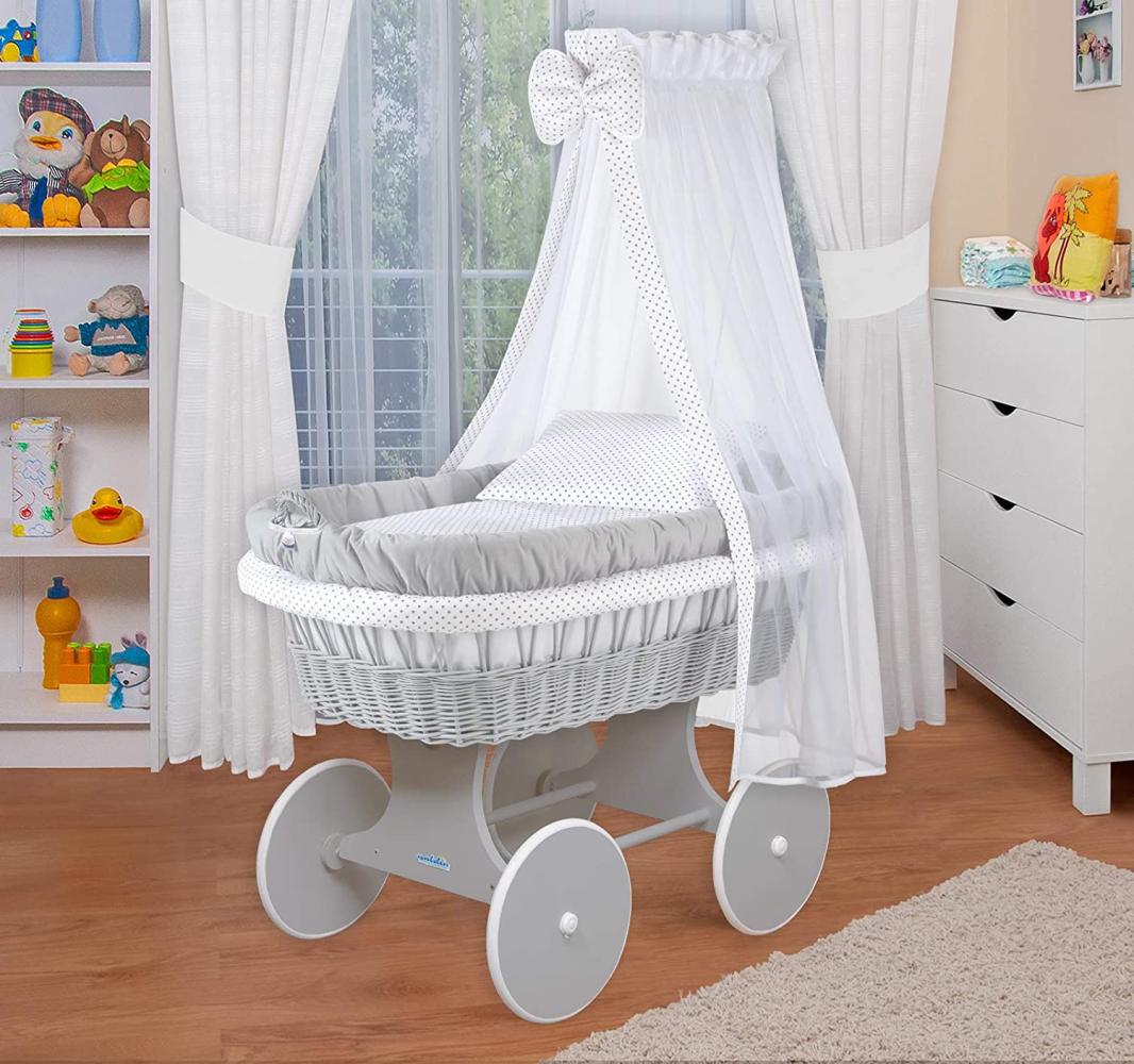 WALDIN Baby Stubenwagen-Set mit Ausstattung, Gestell/Räder grau lackiert, Ausstattung weiß Bild 1
