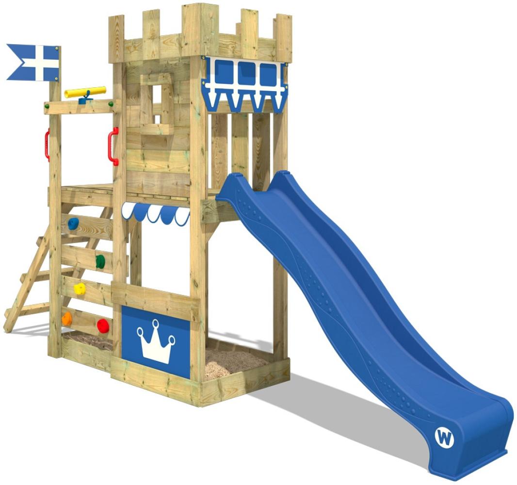 WICKEY Spielturm Ritterburg CannonFlyer mit blauer Rutsche, Spielhaus mit Sandkasten, Kletterleiter & Spiel-Zubehör Bild 1