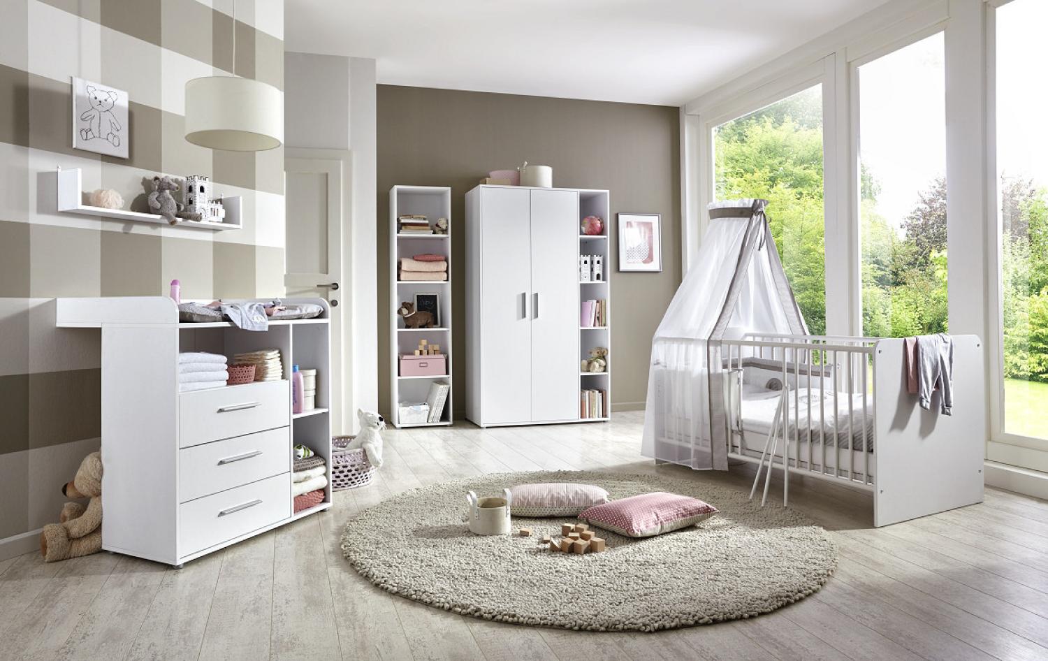 5-tlg. Babyzimmer-Set 'KIM 3' weiß, aus Bett 70x140 cm, Wickelkommode, Wandboard, Kleiderschrank und Standregal Bild 1