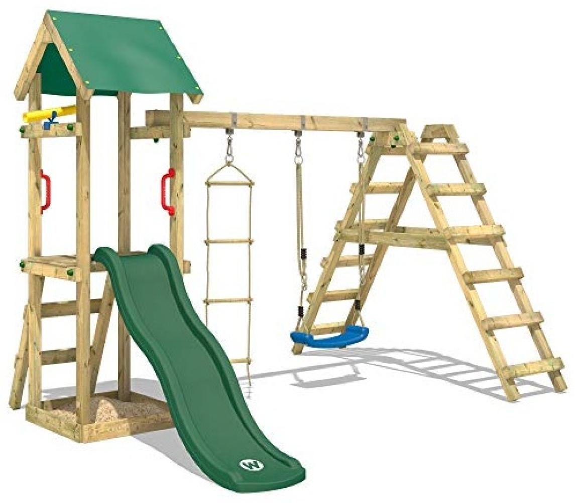 WICKEY Spielturm Klettergerüst TinyLoft mit Schaukel & grüner Rutsche, Kletterturm mit Sandkasten, Leiter & Spiel-Zubehör Bild 1
