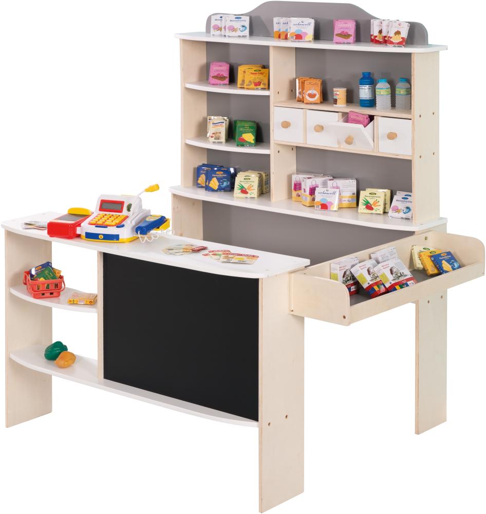 Roba Kinderkaufladen aus Holz, weiß/grau lackiert mit 4 Schubladen, Uhr, Tafel, Theke & Seitentheke, inkl. Kaufladenzubehör Bild 1